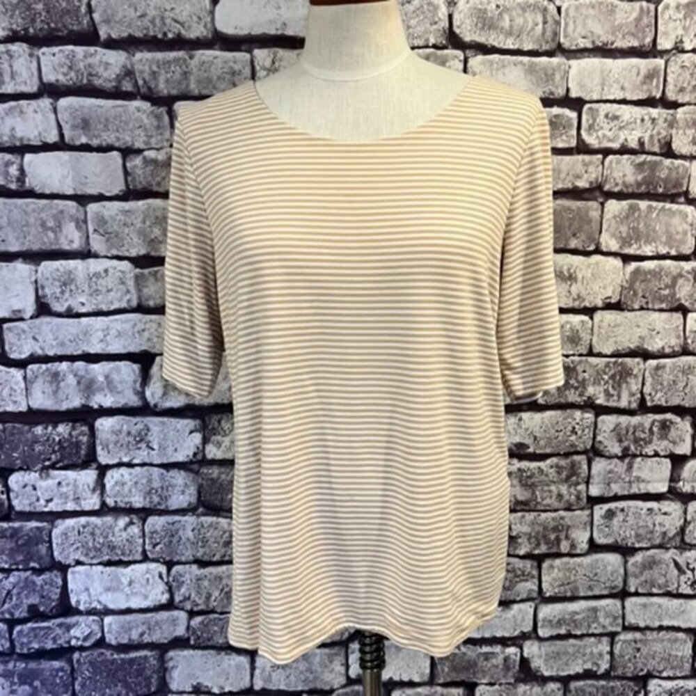 Chico's Beige & White Stripe Short Sleeve Scoop Neck Blouse Size Large